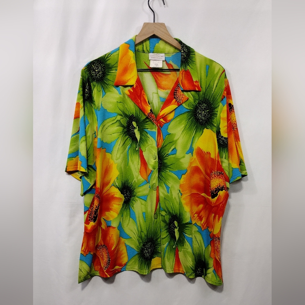Linda Lundstrom Floral Hawaiian Shirt Mens 18 Green Red Artsy Beach Retro 90s